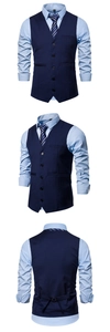 Three-way view of men's navy blue formal vest with light blue shirt and diagonal striped tie