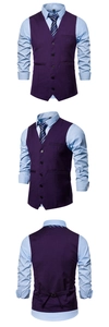 Detailed front and back views of a men's business suit vest set in dark purple and blue