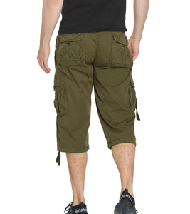Detail view of military green cargo shorts featuring functional back flap pockets and drawstrings