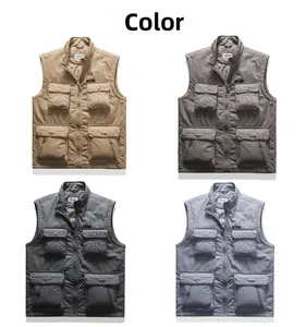 Outdoor-Westen mit mehreren Taschen in Khaki, Dunkelgrau, Eisengrau und Blau gezeigt