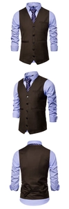 Three-view display of men's dark brown vest with light blue shirt and striped tie