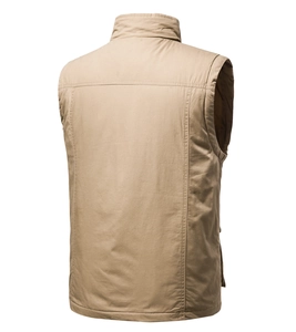 Rear view of khaki utility vest showing reinforced stitching and durable workwear fabric