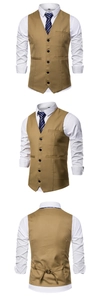 Detailed front and back views of khaki business vest with five buttons and adjustable strap