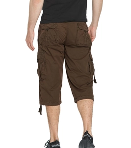 Rear view of brown cotton cargo capri pants featuring flap pockets and adjustable drawstrings