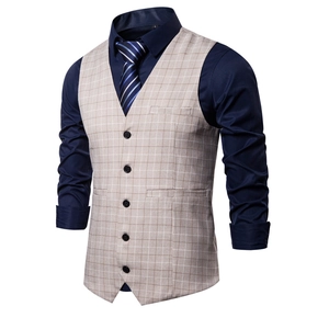 Men's Plaid Suit Vest Slim Fit V-Neck Windowpane Waistcoat Single Breasted 5 Buttons Business Wedding Formal Vest For Men