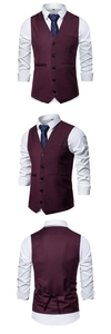Detailed three-view layout of a slim fit burgundy vest with white shirt and tie