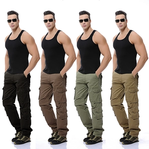 Men's loose multi-pocket cargo pants in black, brown, sage, and khaki cotton canvas