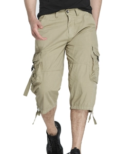 Detail view of khaki cargo shorts showing flap pockets and adjustable drawstring hems