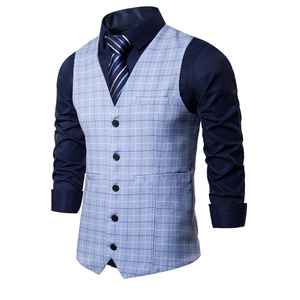 Men's light blue plaid formal vest set with deep blue shirt and diagonal tie