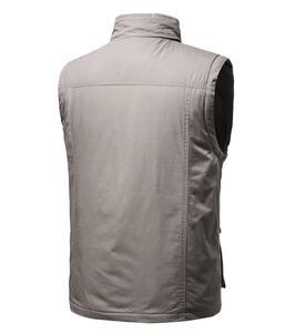 Rear view of grey utility vest featuring standing collar and reinforced double stitching