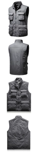 Détails du gilet cargo gris à poches multiples avec fermetures éclair et col montant