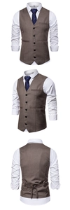 Three-view display of a tan men's vest with five buttons and adjustable back strap
