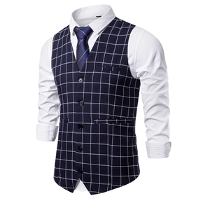 Men's slim fit plaid suit vest in navy blue with windowpane pattern and five-button closure