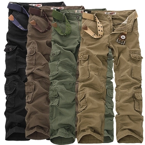 Men's loose cargo pants in four colors featuring multiple pockets and woven belts
