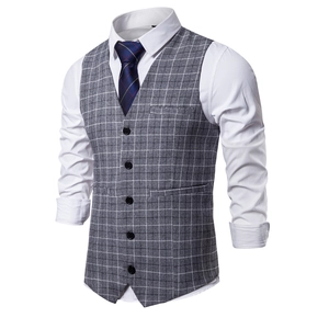 Slim fit men's grey plaid business suit vest with five buttons for formal weddings