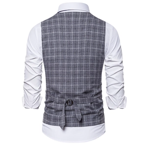 Back view of men's grey checkered suit vest with adjustable buckle and white shirt