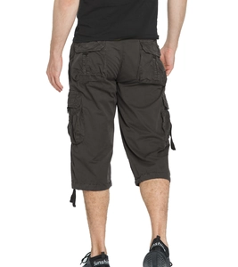 Detail of cargo shorts for men with deep grey multi-pocket design and drawstring hem back view