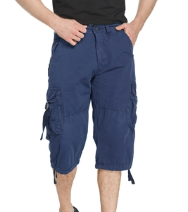 Detailed close-up of men's navy cargo shorts featuring multi-pockets and drawstring cuffs