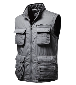 Gilet de Travail Multi-Poches pour Hommes Gilet Tactique en Mélange de Coton Avec Col Montant Coupe Ample pour Pêche en Plein Air