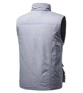Rear view of grey utility vest with reinforced stitching and standing collar details