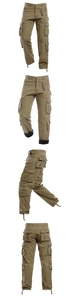 Detail of khaki cargo pants featuring functional pockets, drawcord cuffs and black lining