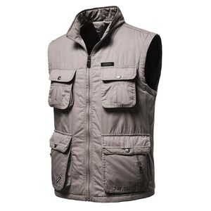 Men's multi-pocket tactical cargo vest in taupe with stand collar and zipper closure