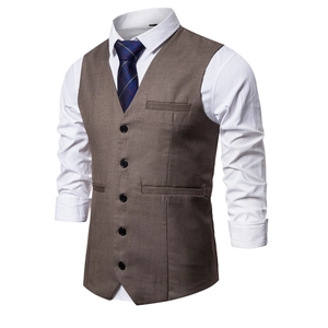 Men's dark brown formal business suit vest with white shirt and striped tie set