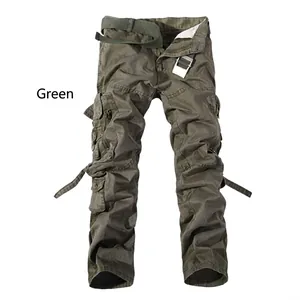 Men's loose military green multi-pocket cargo pants with matching woven belt