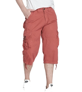 Detail view of men's brick red cargo shorts showing multi-pocket design and drawstring hem