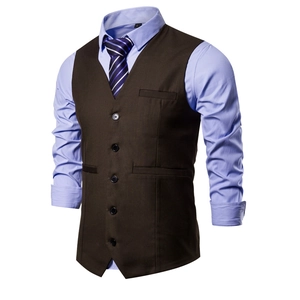 Men's dark brown formal suit vest with light blue shirt and diagonal striped tie