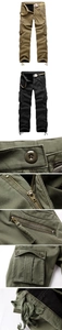 Detailed views of men's thermal cargo pants featuring canvas belt and multi-pocket design