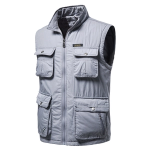 Men's multi-pocket utility vest with stand collar and zipper closure in grey color