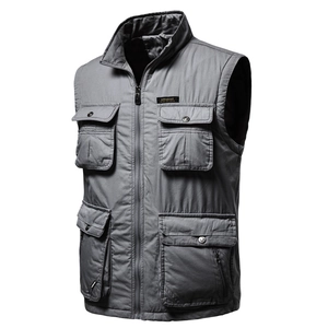 Men's outdoor utility vest with multi-pocket design and tactical stand collar in dark grey