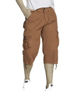 Detail view of brown cargo shorts featuring multi-pocket design and adjustable drawstring hem