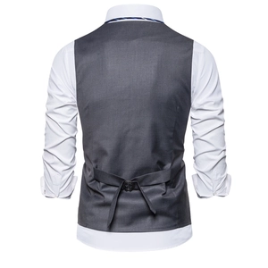 Back view of men's dark grey slim fit business vest with adjustable waist strap