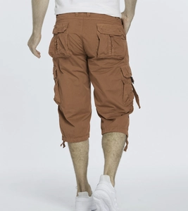Rear view of brown cargo capri pants for men with large pockets and drawstring hem details
