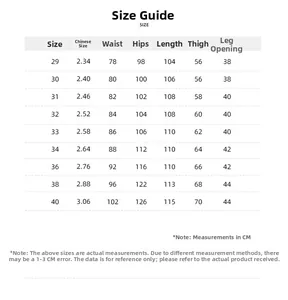 Detailed size chart for men's loose cargo pants showing waist and hip measurements