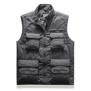 Gilet de pêche extérieur gris foncé pour hommes avec poches multiples et col montant