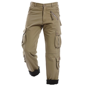 Men's winter fleece-lined cargo pants in khaki with multiple utility pockets and warm lining