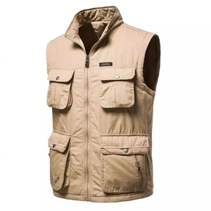 Men's Outdoor Multi-Pocket Workwear Vest Durable Cotton Blend Stand Collar Zipper Casual Sleeveless Jacket Fishing Hiking Travel Gear