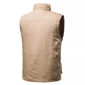 Back view of a khaki multi-pocket utility vest for men with a stand collar design