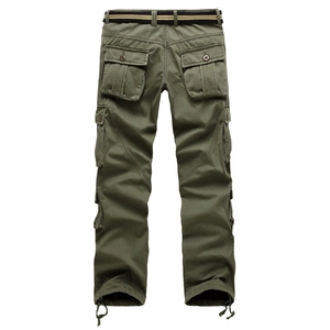 Army green winter fleece cargo pants for men with multiple pockets and a woven belt