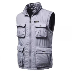 Men's light grey multi-pocket utility vest with stand collar and zipper closure