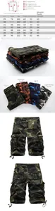 Detailed size chart for men cargo camo shorts with measurements in centimeters