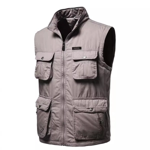 Light grey multi-pocket tactical cargo vest with stand collar and zipper closure