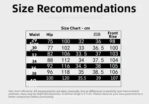Detailed size chart for men's cargo pants showing waist, hip, and length measurements