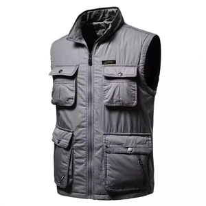 Dark grey multi-pocket tactical cargo vest with stand collar and zipper closure