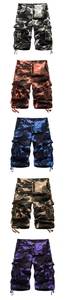 Detailed flat lay of men's cargo camouflage shorts in five versatile color patterns