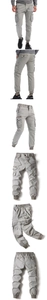 Detail view of light grey cargo pants with drawstring waist and multi-pocket design