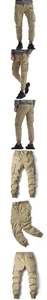 Detailed views of men's khaki cargo joggers with multiple pockets and elastic drawstring waist
